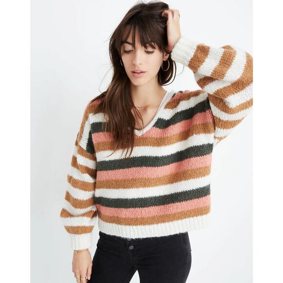 Madewell Sweaters - Madewell Striped V-Neck Balloon‎ Sleeve Sweater XXL Cropped